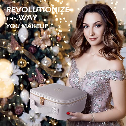 Travel Makeup Bag Cosmetic Bag Makeup Organizer Bag with Lighted Mirror, Adjustable Brightness in 3 Color Scenarios, Waterproof Makeup Train Case, Gift for Women