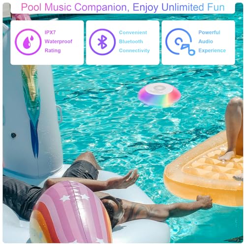 Vessena Bluetooth Speakers with Colorful Lights - Portable Pool Speaker IPX7 Waterproof Floating with 8 Modes - Built-in Mic HD Stereo Sound Hands-Free Wireless Hot Tub Speaker for Shower Outdoor