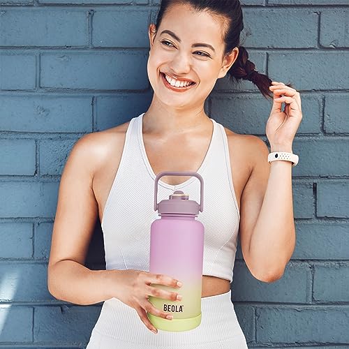 BEOLA 1000ml, 750ml, Motivational Water Bottle with Time Markers and Straw Lid, Tritan Plastic, BPA BPS FREE Leak Proof and Drop Resistant Office Bottles, 32oz, 25oz (Morning Rose, 1000ml)