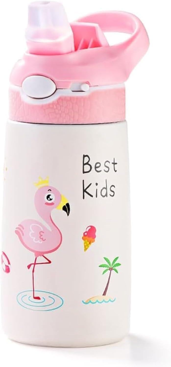 Stainless Steel Water Bottle for Kid with Straw, 13.5 oz Leakproof Insulated Water Bottle, Double Wall Keep Hot Cold Drinks Thermos Bottle with Handle for School Boys and Girls,BPA-Free(Dinosaur) - Pink Flamingo