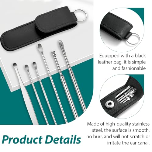 6 In 1 Ear Cleansing Tool Set, Ear Wax Removal Kit, Ear Pick, Stainless Steel, Spiral Design, Reusable with Storage Box, Safely, Gently, Ear Cleaner for Kids and Adults, Ear Wax Buildup (Black)