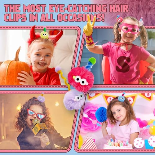 HZYH Fluffy Pom Poms Hair Clip For Girls, Cartoon Hair Barrettes For Kids, Colorful Hair Clips For Toddler, Quirky Little Monster Hair Accessory For Halloween, 5 Pieces