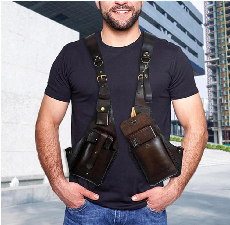 KARFRI Anti Theft Harness for Men,Men's Retro Backpack with Underarm Crossbody Bag,Anti-Theft Harness Wallet,Adjustable Leather Strap Wallet (B)