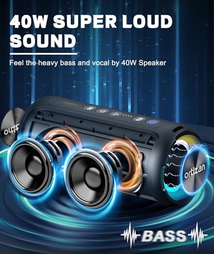Ortizan Bluetooth Speakers, 40W Loud Stereo Portable Wireless Speaker, IPX7 Waterproof Shower Speakers with Bluetooth 5.3, Deep Bass, LED Light, Microphone, True Wireless Stereo for Home, Outdoor