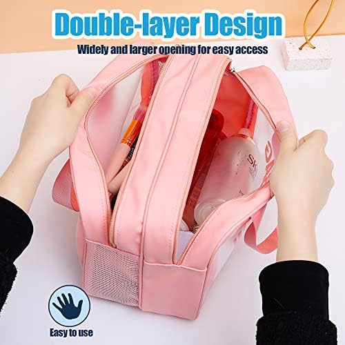 YIMIKE Travel Toiletry Bag,Large Clear Makeup Bags, 2 in 1 Cosmetics Bag,Transparent Skin Care Bag for Toiletries,Waterproof & Draining Make up Bags,PVC Thickened Wash Bag for Women Men (Pink)