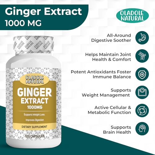 Oladole Natural Ginger Extract- 1000mg (120 Capsules) | Digestive Aid, Immune Booster, Maintain joint Health & Comfort, Supports Metabolic Function, Potent antioxidant & Boost Energy | Non- GMO