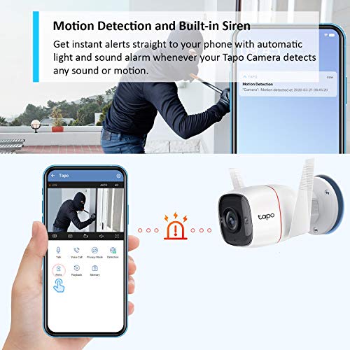 Tapo 2K Outdoor Security Camera, Motion Detection, IP66 Weatherproof, Built-in Siren, 2-way Audio, 3MP, Night Vision, Cloud &SD Card Storage, Works with Alexa & Google Home (Tapo C310)