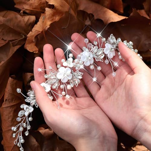 Vakkery Flower Wedding Hair Vine Silver Bride Headband Crystal Bridal Hair Accessories for Women and Girls