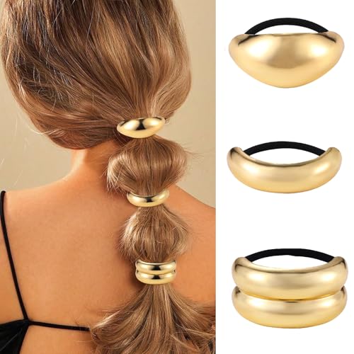 papasgix 3 Metal Hair Ties, Ponytail Cuffs - Gold & Silver Hair Accessories for Women (Gold Set 01)