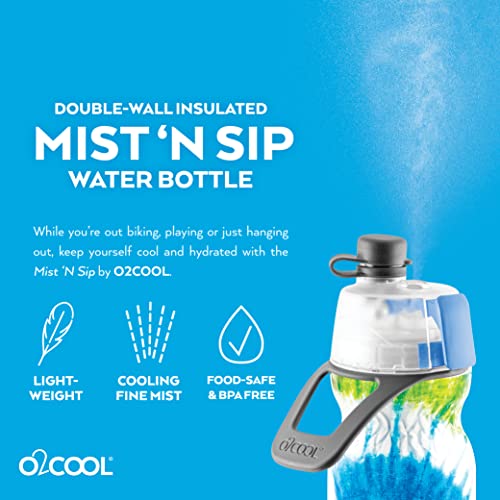 O2COOL Mist 'N Sip Misting Water Bottle 2-in-1 Mist And Sip Function With No Leak Pull Top Spout (Tie Dye Blue)