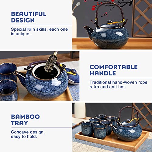 DUJUST Japanese Tea Set for 6, Kiln Altered Glaze Porcelain Tea Set with 1 Teapot, 6 Tea Cups & 1 Tea Tray, Unique Chinese Tea Sets for Adults/Tea Lovers/Women/Men, Blue