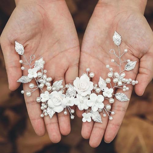 Tazweeq Flower Bride Wedding Hair Vine Pearl Bridal Hair Piece Leaf Hair Accessories Hair Piece for Women and Girls,Flower Pearl Hair Accessories for Birthday Party (9inches,Silver)