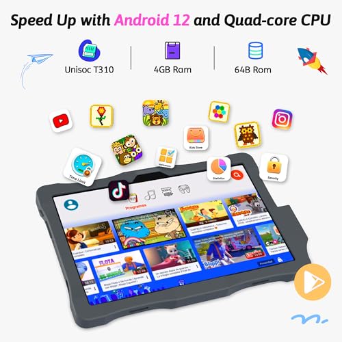 Kinstone 10.1" Android 12 Kids Tablet - 4GB (Expandable), Quad-Core, IPS Screen, 6000mAh Battery, Parental Control, with Protective Case & Stylus Pen - Ideal Gift for Toddler & Children