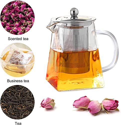 AZSCYN Square Glass Teapot for One with Heat Resistant Stainless Steel Infuser Perfect for Tea and Coffee,Clear Leaf Teapot with Strainer Lid Gift for Your Family or Friends (750 ML)