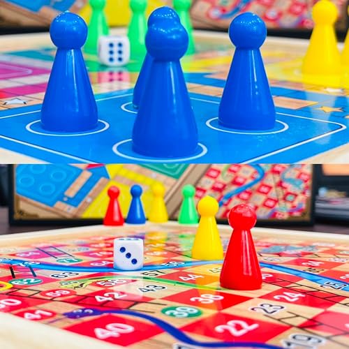 Ankit Toys & Games 2in1 Wooden Ludo with Snakes & Ladders Game Set– Classic Family Board Games for Kids & Adults, Double-Sided Board with Colourful Pawns, Ideal for Indoor Entertainment & Gift Idea