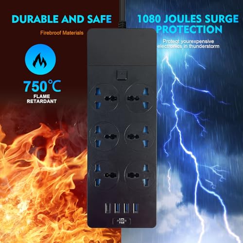 SKY-TOUCH Power Strips Extension Cord 6 Outlets, UK Plug Universal Plug Adapter with 3 USB & 1 Type-C Ports Surge Protector, Charging Socket with 2M Bold Extension Cord (Black)