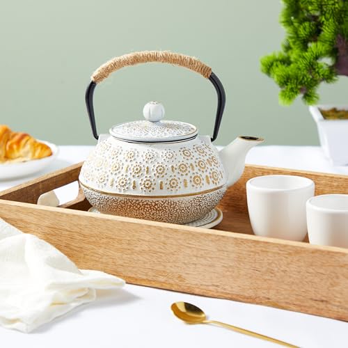 Juvale White Cast Iron Japanese Teapot with Handle, Infuser, and Trivet (800 ml, 27 oz)