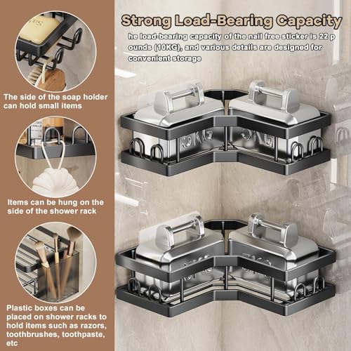 Zuooiec Corner Shower Caddy 3 Pack,Black Rust-Resistant Adhesive Shower Shelf No Drilling,Bathroom Shelf Shower Storage with Soap Holder&Hooks&Toothpaste Holders,Bathroom or Kitchen Accessories