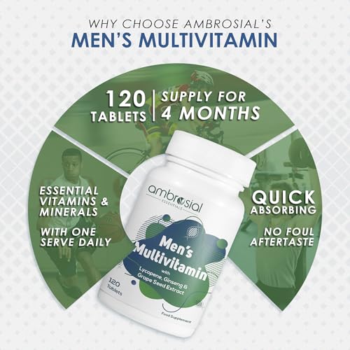 Ambrosial Men's Multivitamin with Lycopene, Ginseng & Grape Seed Extract That Supports Muscle Strength, Immunity, Energy and Endurance (Pack of 1-120 Tablets)