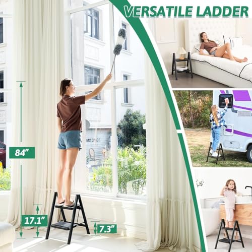 MOMENT 2 Step Ladder Folding Step Stool, Heavy Duty 330 Lbs Load Stepladder, Small Kitchen/Closet Ladder for Adults/Kids, Lightweight Step Ladder with Anti-Slip Wide Pedal for Home, Black