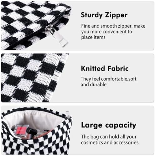 ZLFSRQ 3Pcs Checkered Makeup Bag for Women Large Cosmetic Bag Set Travel Toiletry Bag Makeup Pouch Bag for Purse Pink Zipper Storage Bag Organizer Cute Small Aesthetic Girls Car Essentials Bag