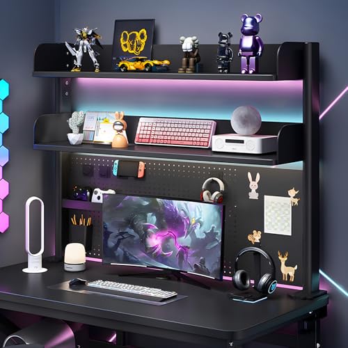 Clamp-on Desk Pegboard,Steel Desktop Organizer Metal Peg Board,Perforated board computer desktop storage rackfor Gaming & Office,Standing Desk Accessories,No-Drill With With hook accessories (Black)