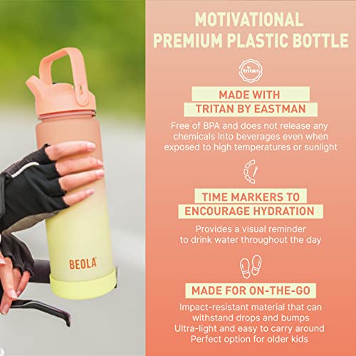 BEOLA 1000ml, 750ml, Motivational Water Bottle with Time Markers and Straw Lid, Tritan Plastic, BPA BPS FREE Leak Proof and Drop Resistant Office Bottles, 32oz, 25oz (Coral Blend, 750ml)