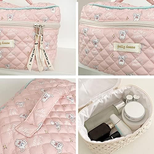Juoxeepy Cotton Makeup Bag Large Travel Cosmetic Bag Quilted Cosmetic Pouch Coquette Aesthetic Floral Toiletry Bag, A-White, 10x5.9x5.3in