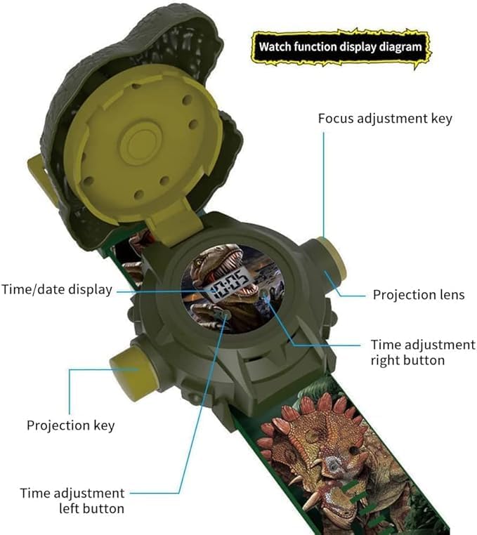 24 Dinosaur Projection Patterns Digital Watch for Kids - Cartoons, Toys for Boys Girls Children With Lid, Adjustable Date & Time Projector