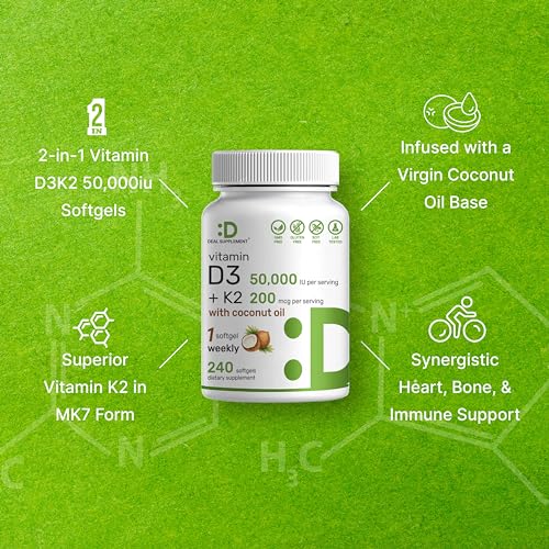 DEAL SUPPLEMENT Vitamin D3 50,000 IU + K2 MK7 200 mcg,240 Softgels | Virgin Coconut Oil, Max Strength Vitamin D & K, Promotes Heart, Bone, & Teeth Health â€“ One Softgel Weekly, Easy to Swallow