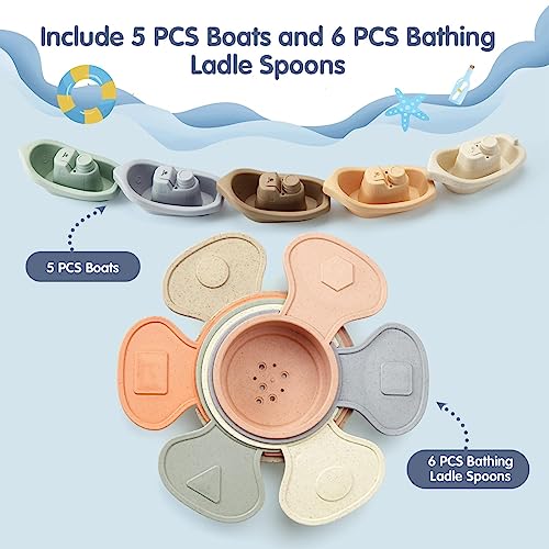 NALACAL Bath Toys Floating Boats with Bathing Spoon, 11 PCS Bathtub Mold Free Bath Toy for Babies Water Table Toys Toddler Birthday Gift for Preschool Boys/Girls