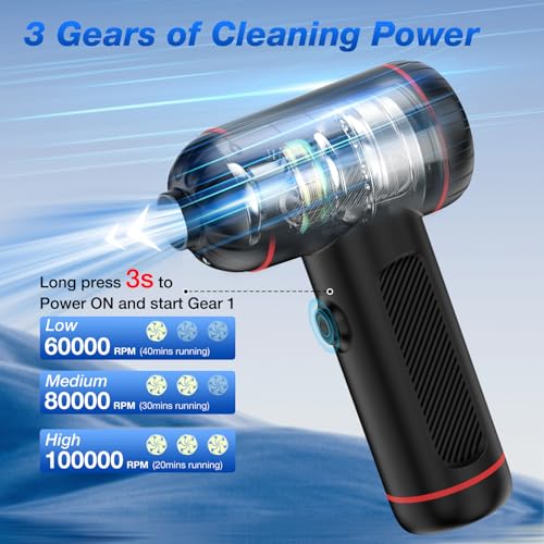 Fanisic Air Duster Vacuum Cleaner, Rechargeable 3 in 1 Cordless Mini Dust Blower/Pump, 3 Gear Portable Air Blower Car Vacuum Cleaner with LED Light & Multi-nozzles for Keyboard