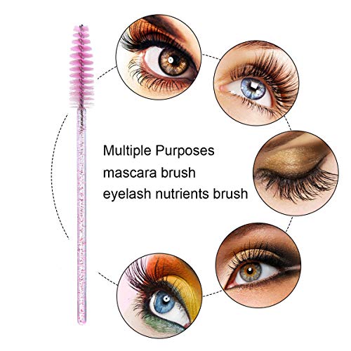 Elisel 100pcs Disposable Mascara Brushes with Container, Mascara Wands Makeup Brushes Applicators Kits for Eyelash Extensions and Eyebrow Brush (Crystal Pink)