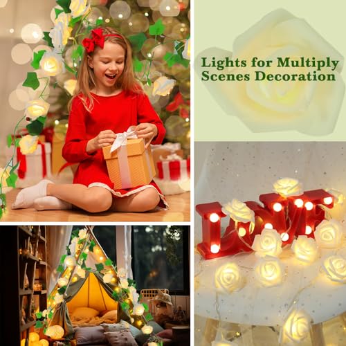 Wolii LED Rose Flower String Lights, Artificial Flower with LED Copper Light String for Marriage Proposal Wedding Birthday Party Christmas Valentine Indoor and Outdoor Decoration(White Rose)