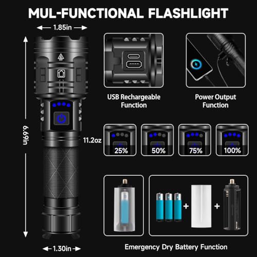 Rechargeable Flashlights High Lumens, 990000LM Powerful Tactical Flashlights, 5 Modes LED Flashlight Adjustable, Brightest Flashlight Waterproof, Handheld Flash Light for Emergencies, Camping, Hiking