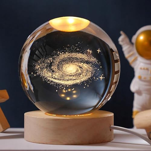 PYLCO SMART Tabletop Night Light Crystal Ball with Wood Base LED Night Lamp 3D Creative Saturn Astronomy Glaxy Night Lamp Fantasy Decoration Light for kid friend Birthday Gifts Room Decor (Glaxy, 8mm)