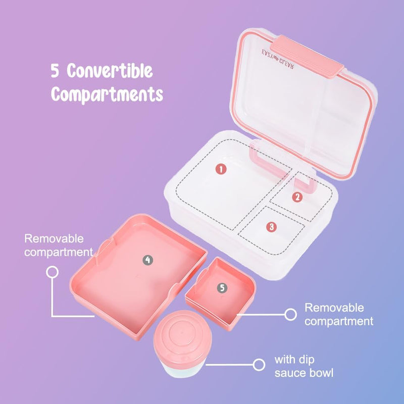 3/4/5 Compartment Convertible Bento Lunch Box with Gravy Bowl, Pink