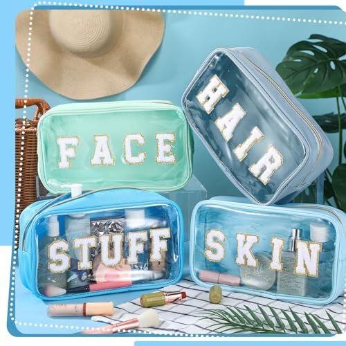 Pinkunn 4 Pcs Preppy Makeup Bags Christmas Chenille Letter Bag Face Skin Hair Stuff Cosmetic Bag Corduroy Makeup Pouch with Zipper Birthday Gifts for Women(Purple, Pink, White, Blue,Corduroy)