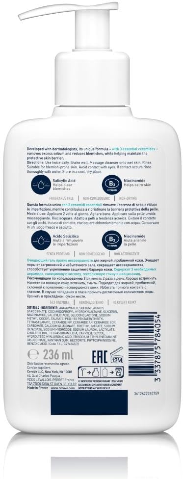 Blemish Control Cleanser Face Wash For Acne & Blemish Prone Skin with 2% Salicylic Acid, Niacinamide and Ceramides 236 ml