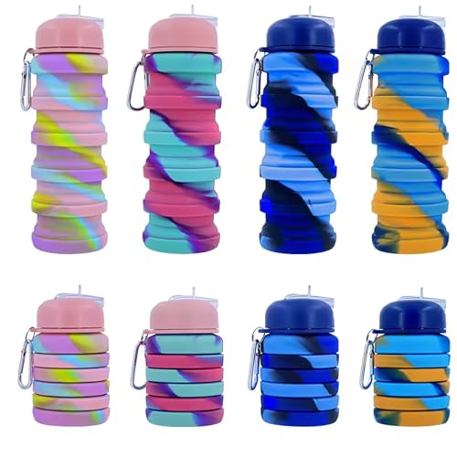 ROLL RIDE FUN Silicone Collapsible Water Bottles, 500ml Portable Foldable Expandable Water Bottle Sports Cups with Carabiner, Leak Proof Reusable BPA Free, for Outdoor Activities Travel (Teal Pink)