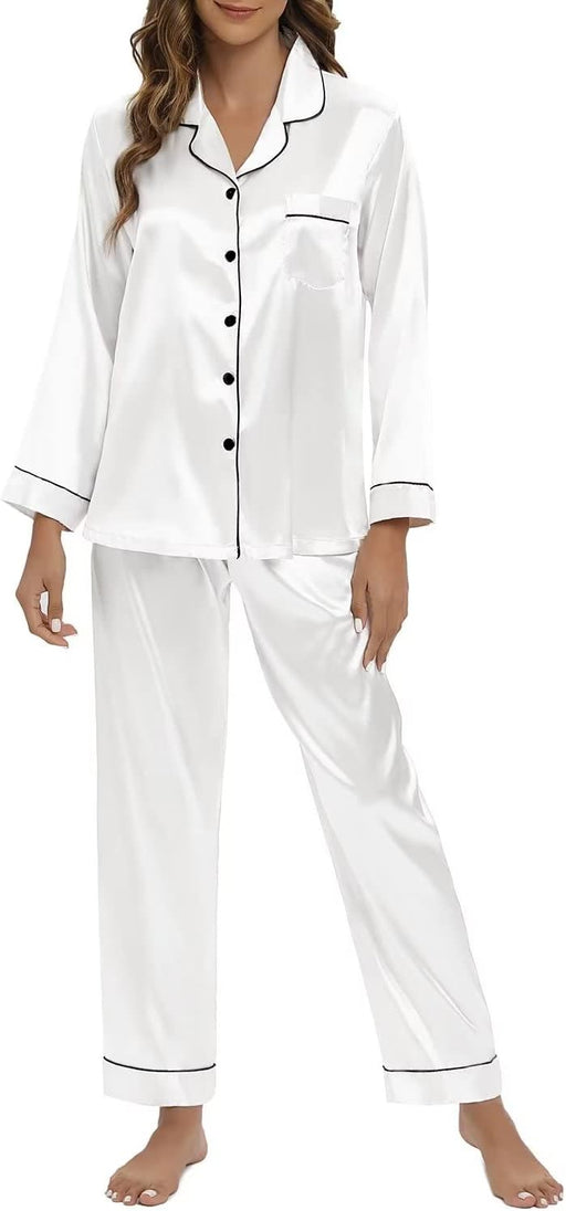 Women's Silk Satin Pajamas Set Long Sleeve Sleepwear Soft Pjs Set Two Piece Button Down Loungewear Pj Set - White
