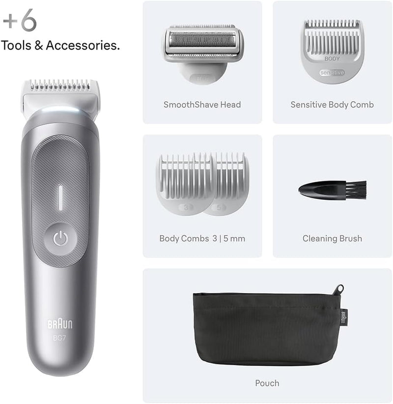 Braun Series 7 Body Groomer for Men, Body, Chest, Armpits, legs & Pubic Hair Trimmer with Smartlight & SkinGuard, 8-in-1 Grooming Kit, Waterproof with 6 Attachments, 100-Min Runtime, BG7550 Grey