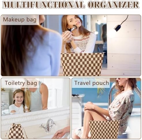 ZLFSRQ 3Pcs Checkered Makeup Bag for Women Large Cosmetic Bag Set Travel Toiletry Bag Makeup Pouch Bag for Purse Pink Zipper Storage Bag Organizer Cute Small Aesthetic Girls Car Essentials Bag