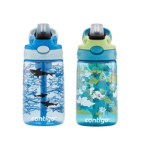 Contigo Kids Water Bottle with Redesigned AUTOSPOUT Straw, 14 oz., Dinos & Sharks, 2-Pack