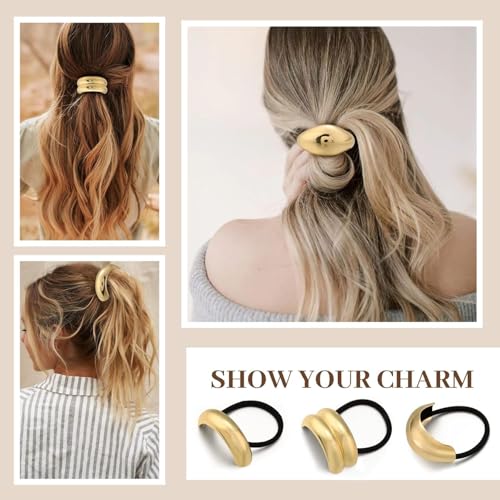 3PCS Metal Hair Ties, Elastic Gold Hair Ties for Think Hair, Elegant and Durable Geometric Design, Stretchy and Non-Damage, Gold Hair Accessories Ponytail Holders, 3 Styles in Box