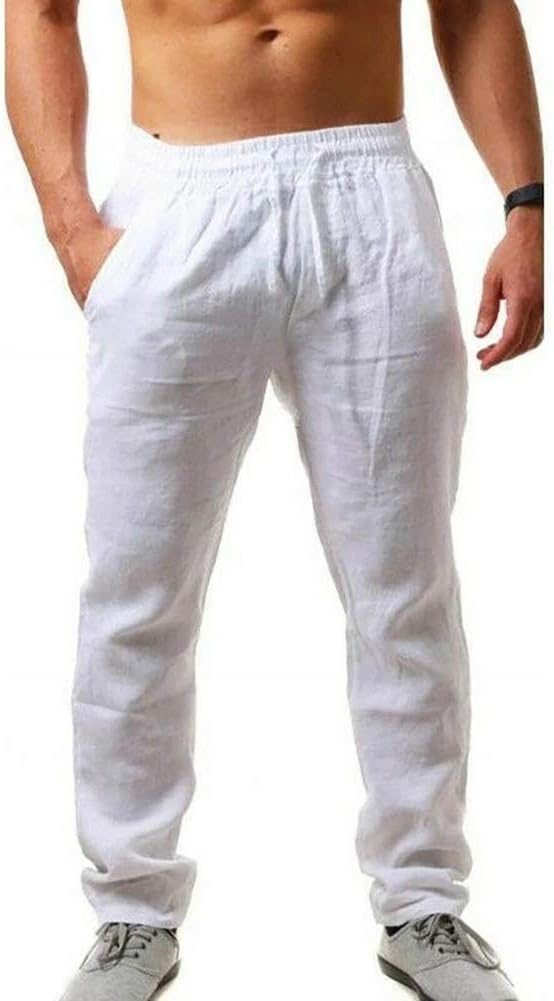 Men's Linen Pants Casual Long Pants - Loose Lightweight Drawstring Yoga Beach Trousers Casual Trousers - 6 Colors - White