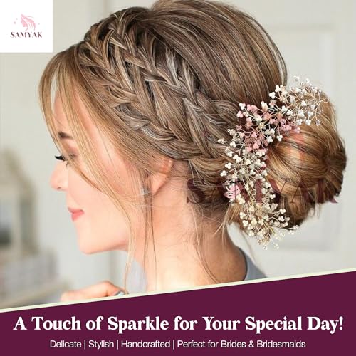 Samyak Crystal Pearl Hair Tiara Vine Hair Headband Headdress Hair Jewellery For Women | Hair Pin | Bun | Hair Accessory For Bridal Wedding Bridesmaid, Pink, Pack of 1