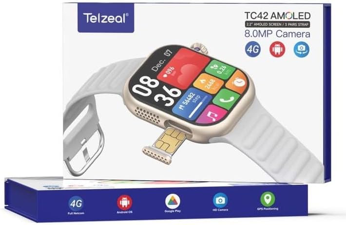 Telzeal TC42 AMOLED 4G 2.2 Inch AMOLED Display Smartwatch with 8MP Camera Sim card Slot 3 Pair Straps and Charging Cable Designed for Ladies and Gents (Silver)