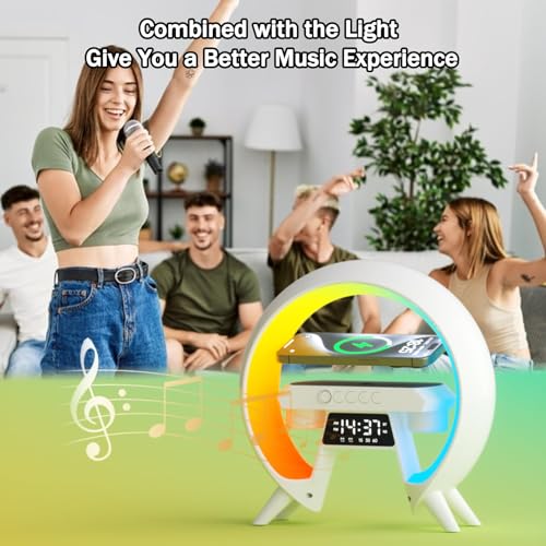 KASTWAVE Atmosphere Lamp, with 15W Wireless Charger LED Alarm Clock Smart Table Lamp, with Bluetooth Speaker & Iridescent Running Lights, Atmosphere Light for Adults Kids Office Bedroom Gift