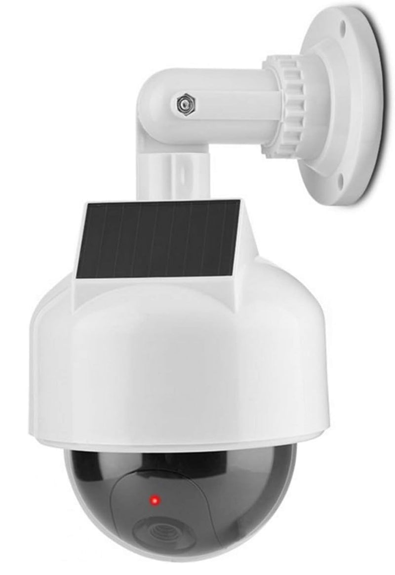 Rubik Dummy CCTV Security Camera Solar & Battery Powered with Flashing Red LED & Warning Sticker Sign, Fake Surveillance Indoor Outdoor Waterproof Dome Camera for Home Office